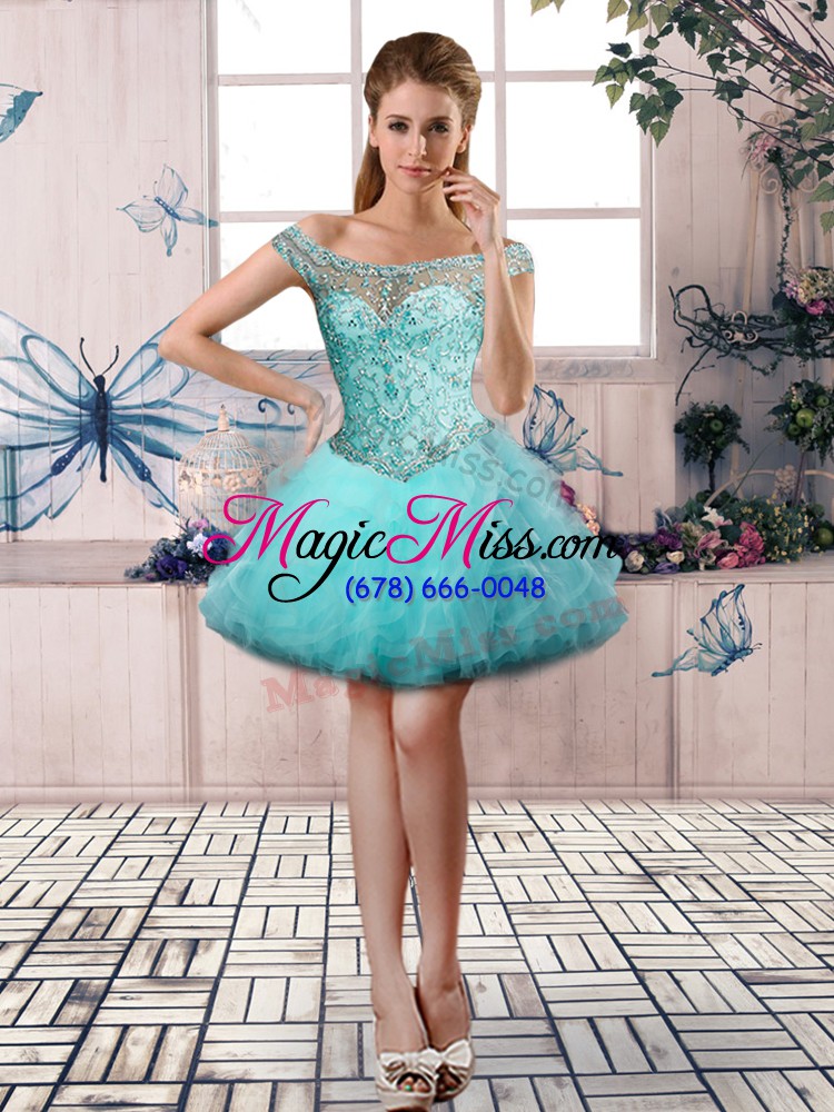 wholesale vintage aqua blue tulle lace up quinceanera dresses sleeveless beading and ruffles