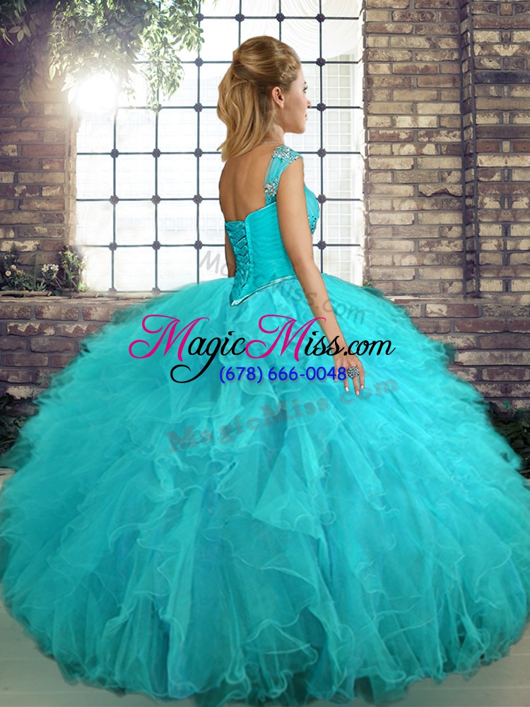 wholesale nice blue tulle lace up off the shoulder sleeveless floor length quinceanera dress beading and ruffles