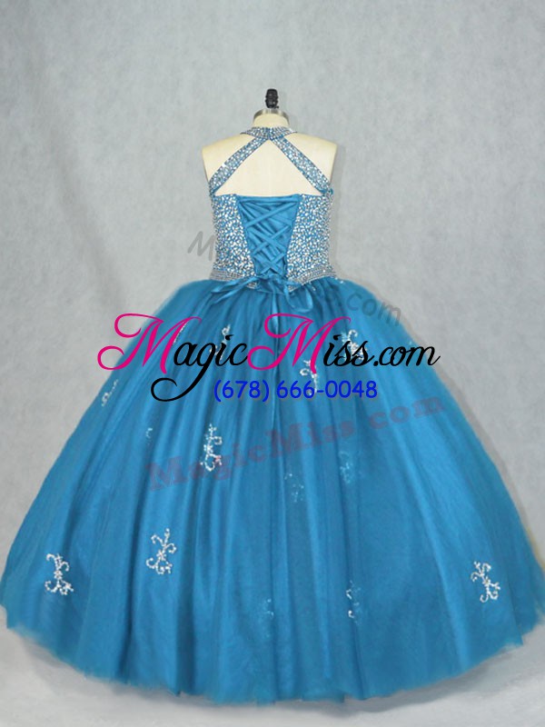 wholesale custom designed sleeveless tulle floor length lace up quince ball gowns in blue with beading and appliques