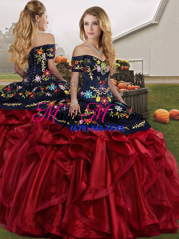 wholesale off the shoulder sleeveless organza 15th birthday dress embroidery and ruffles lace up