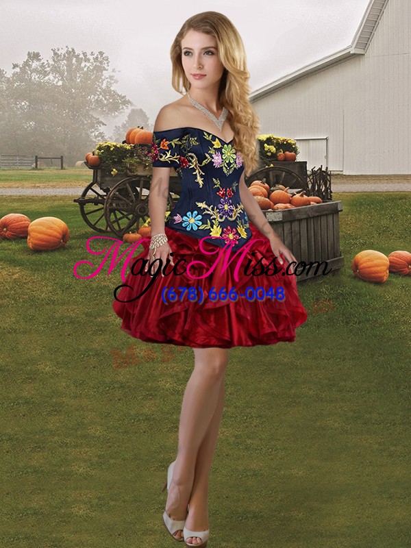 wholesale off the shoulder sleeveless organza 15th birthday dress embroidery and ruffles lace up