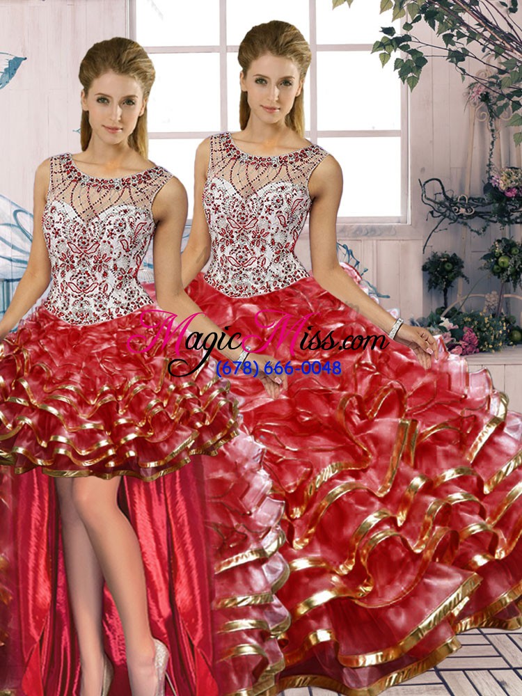 wholesale gorgeous beading and ruffles quinceanera dresses red lace up sleeveless floor length