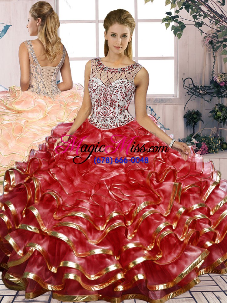 wholesale gorgeous beading and ruffles quinceanera dresses red lace up sleeveless floor length