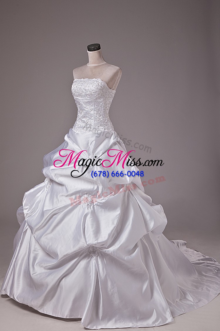 wholesale beautiful white wedding dress taffeta brush train sleeveless embroidery and pick ups