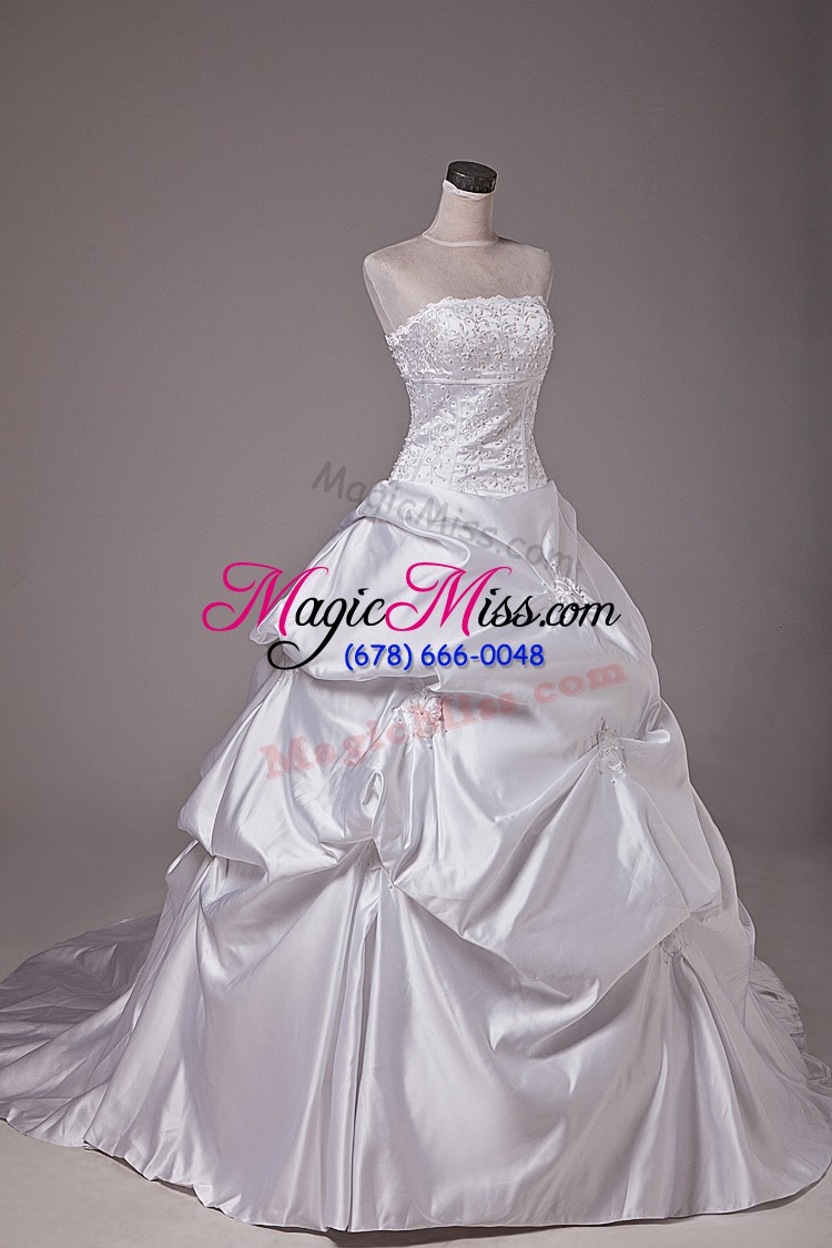 wholesale beautiful white wedding dress taffeta brush train sleeveless embroidery and pick ups