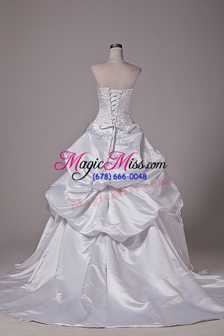 wholesale beautiful white wedding dress taffeta brush train sleeveless embroidery and pick ups