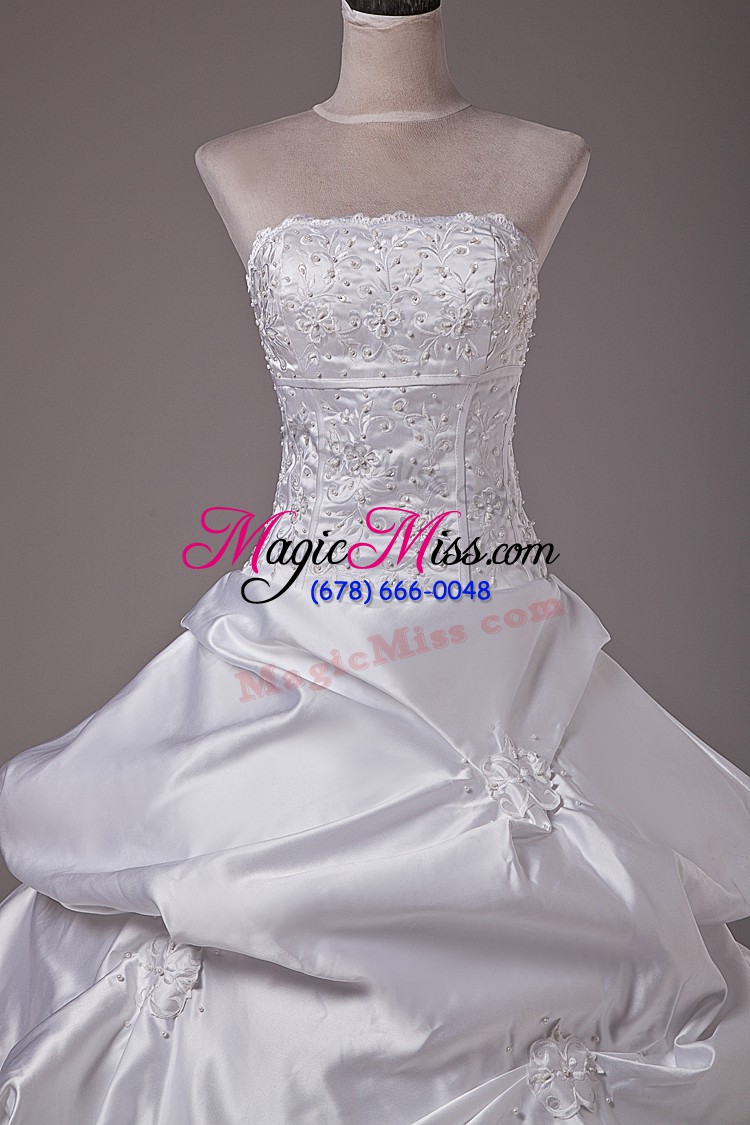 wholesale beautiful white wedding dress taffeta brush train sleeveless embroidery and pick ups