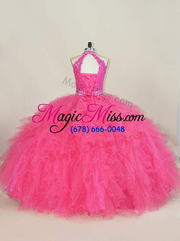 wholesale hot pink tulle lace up halter top sleeveless floor length sweet 16 dresses beading and ruffles