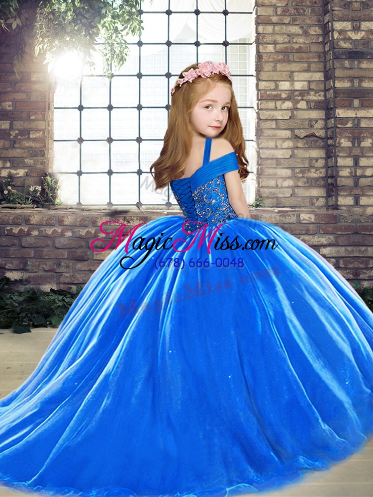 wholesale blue tulle lace up winning pageant gowns sleeveless brush train beading