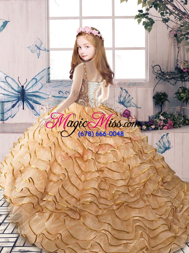 wholesale straps sleeveless organza little girls pageant dress beading and ruffled layers court train lace up