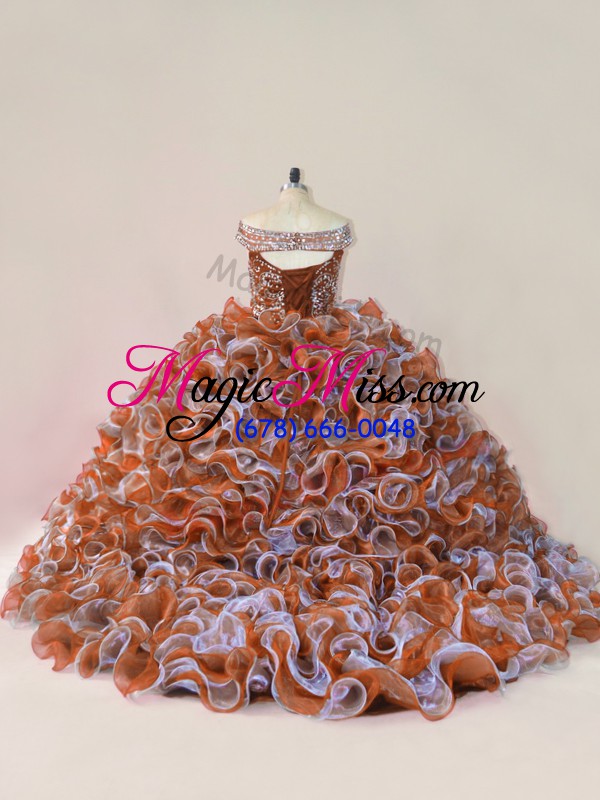 wholesale custom design sleeveless organza court train sweet 16 quinceanera dress in multi-color with beading and ruffles