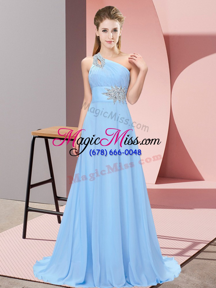 wholesale blue lace up prom party dress beading sleeveless brush train