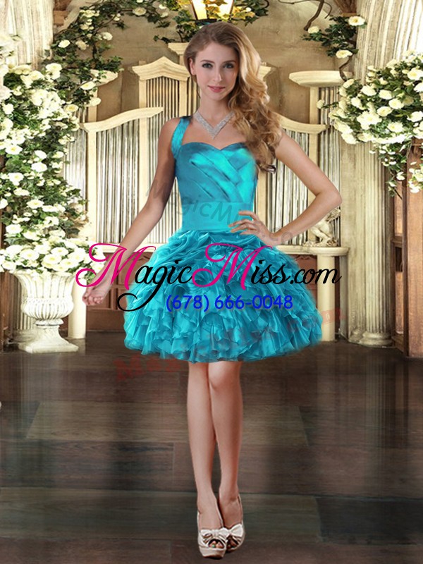 wholesale teal three pieces organza halter top sleeveless ruffles and pick ups floor length lace up sweet 16 quinceanera dress