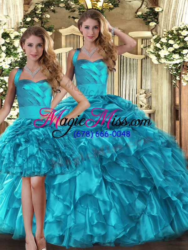 wholesale teal three pieces organza halter top sleeveless ruffles and pick ups floor length lace up sweet 16 quinceanera dress