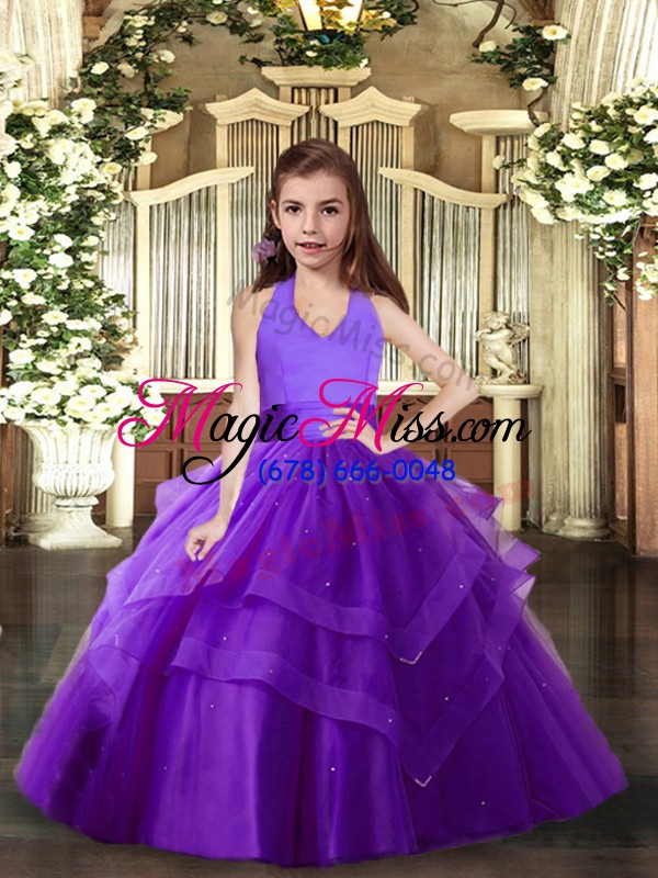 wholesale exquisite purple lace up kids pageant dress ruffled layers sleeveless floor length