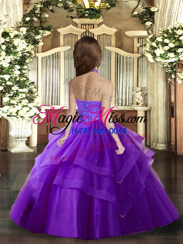 wholesale exquisite purple lace up kids pageant dress ruffled layers sleeveless floor length