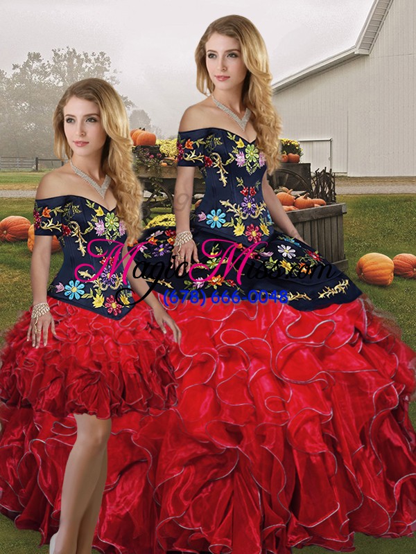 wholesale on sale off the shoulder sleeveless lace up sweet 16 quinceanera dress red and black organza