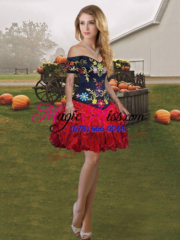 wholesale on sale off the shoulder sleeveless lace up sweet 16 quinceanera dress red and black organza