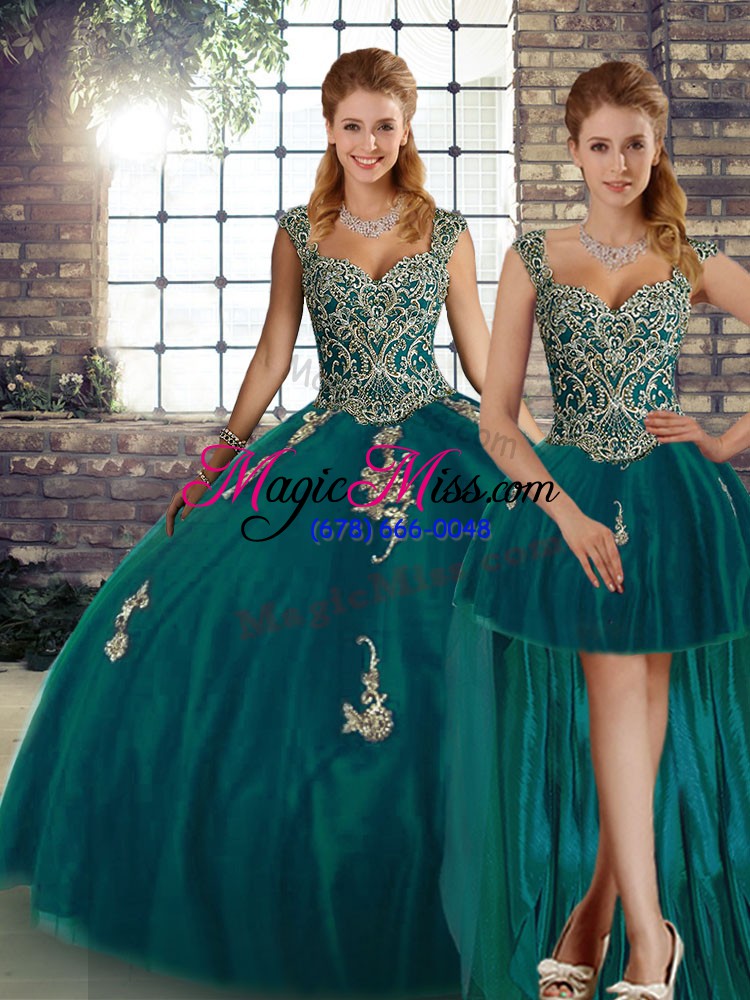 wholesale tulle straps sleeveless lace up beading and appliques sweet 16 dresses in peacock green