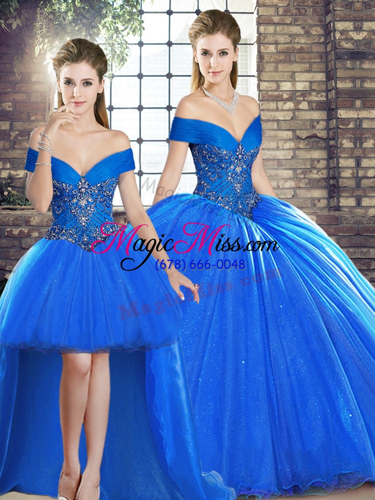 wholesale admirable royal blue off the shoulder lace up beading quince ball gowns brush train sleeveless