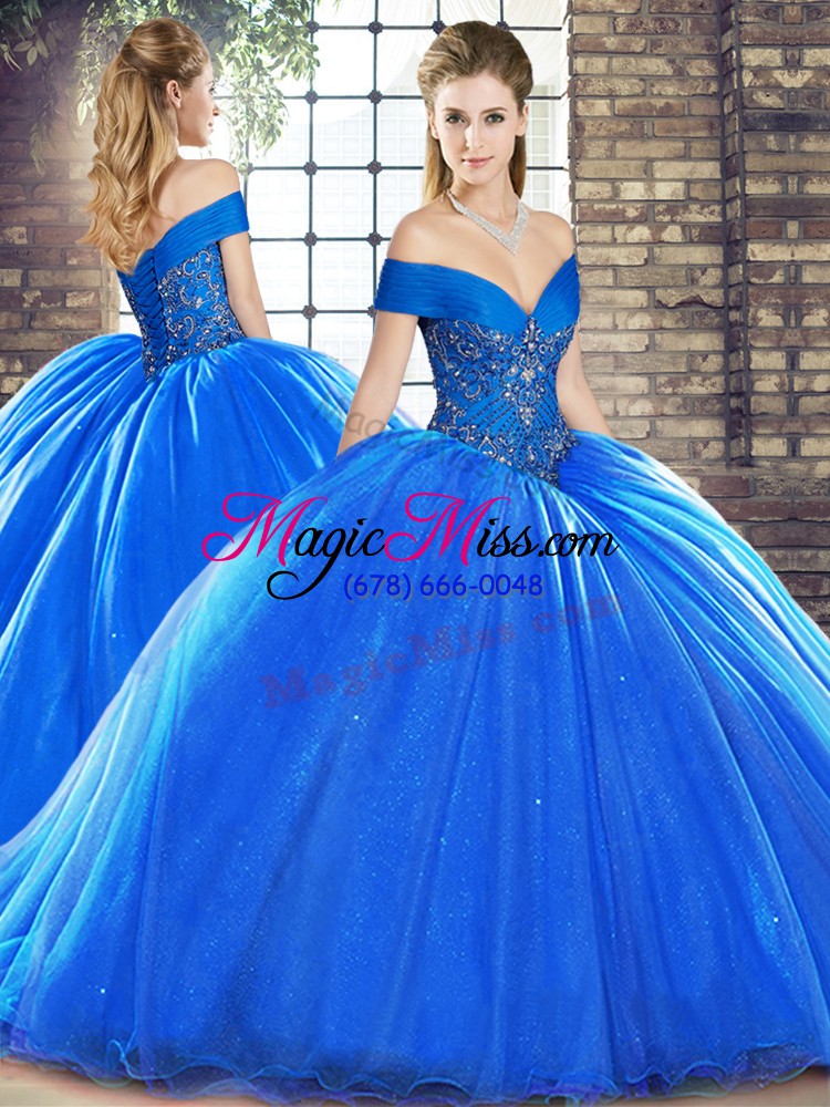 wholesale admirable royal blue off the shoulder lace up beading quince ball gowns brush train sleeveless