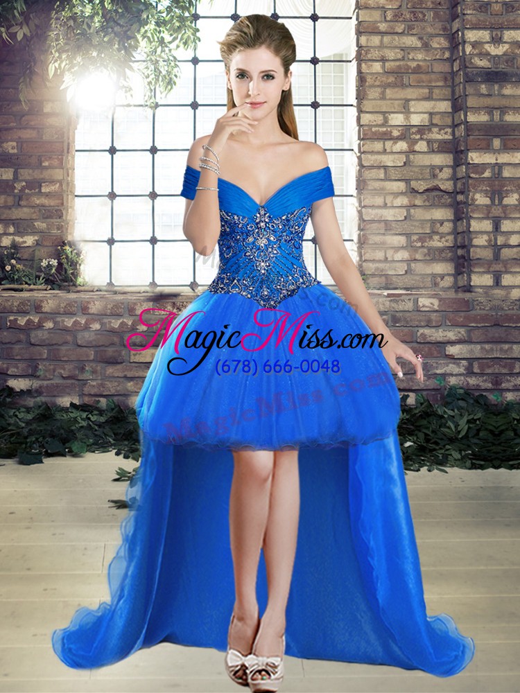 wholesale admirable royal blue off the shoulder lace up beading quince ball gowns brush train sleeveless