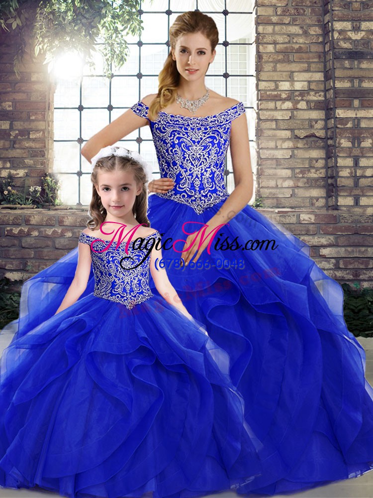 wholesale shining royal blue tulle lace up 15th birthday dress sleeveless brush train beading and ruffles