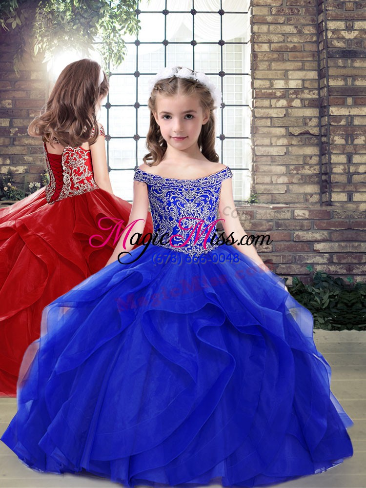 wholesale shining royal blue tulle lace up 15th birthday dress sleeveless brush train beading and ruffles