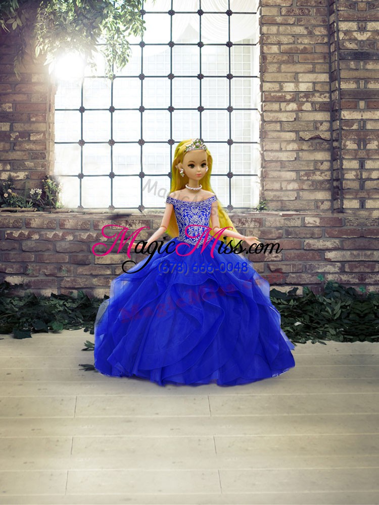 wholesale shining royal blue tulle lace up 15th birthday dress sleeveless brush train beading and ruffles