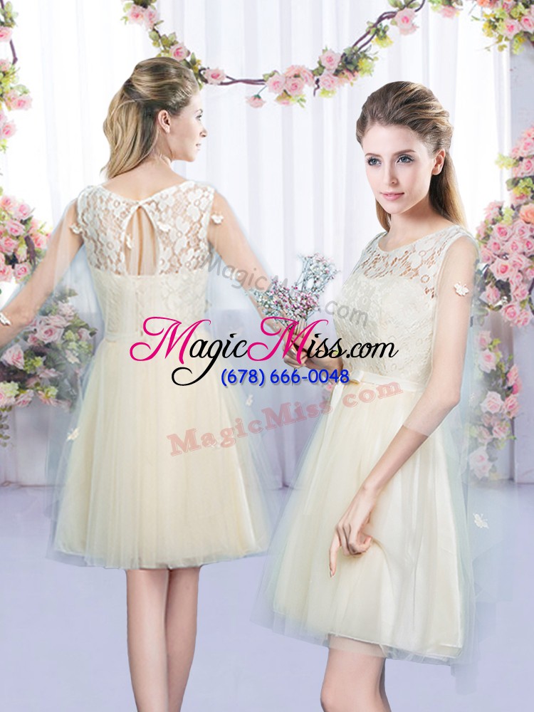 wholesale extravagant champagne sleeveless lace and bowknot mini length wedding party dress