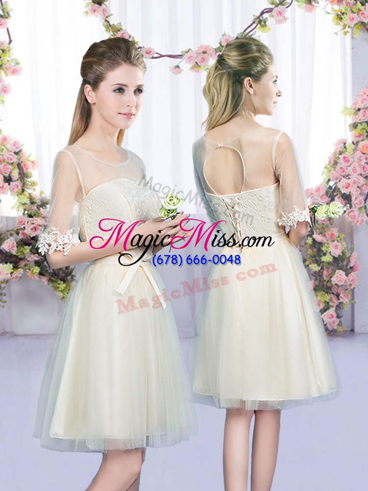 wholesale extravagant champagne sleeveless lace and bowknot mini length wedding party dress