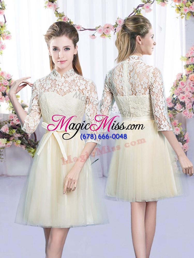 wholesale extravagant champagne sleeveless lace and bowknot mini length wedding party dress