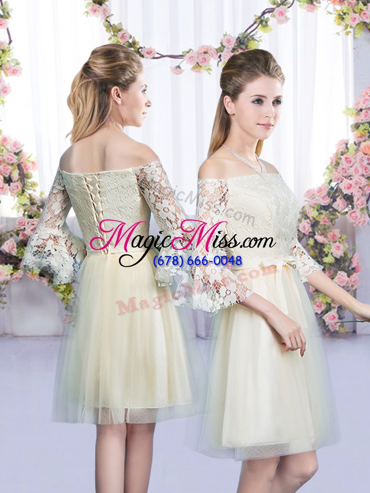 wholesale extravagant champagne sleeveless lace and bowknot mini length wedding party dress