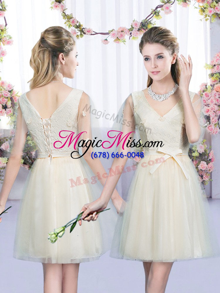 wholesale extravagant champagne sleeveless lace and bowknot mini length wedding party dress