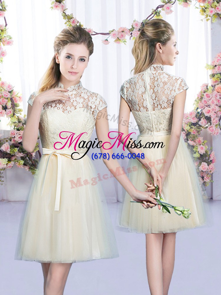 wholesale extravagant champagne sleeveless lace and bowknot mini length wedding party dress