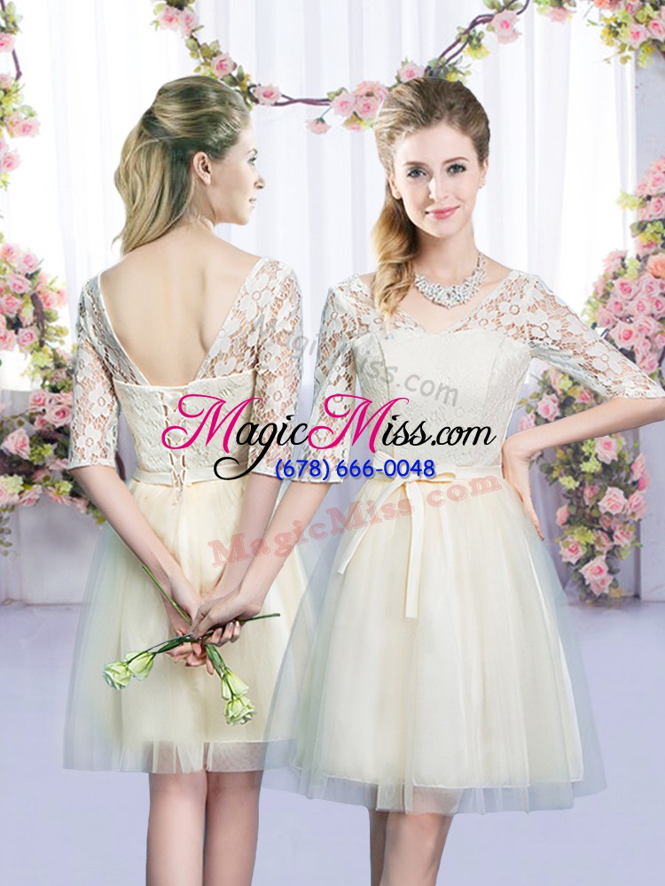 wholesale extravagant champagne sleeveless lace and bowknot mini length wedding party dress