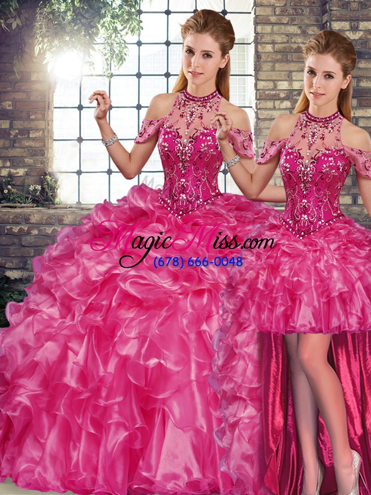 wholesale fuchsia three pieces halter top sleeveless organza floor length lace up beading and ruffles vestidos de quinceanera