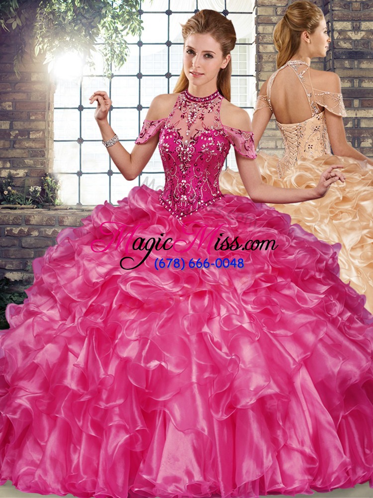 wholesale fuchsia three pieces halter top sleeveless organza floor length lace up beading and ruffles vestidos de quinceanera