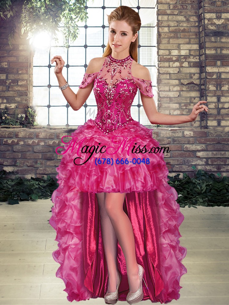 wholesale fuchsia three pieces halter top sleeveless organza floor length lace up beading and ruffles vestidos de quinceanera