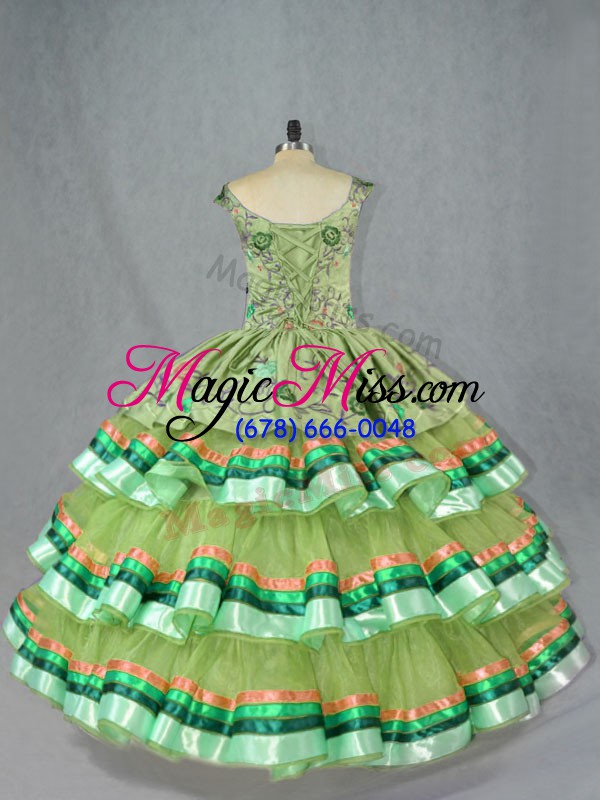 wholesale romantic olive green organza lace up quince ball gowns sleeveless floor length embroidery and ruffled layers