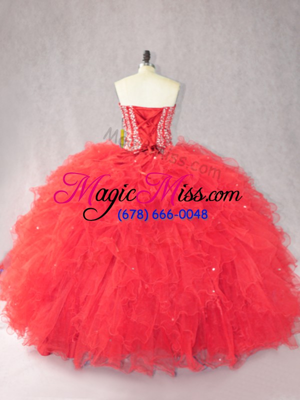 wholesale sleeveless tulle floor length lace up 15 quinceanera dress in red with beading and ruffles