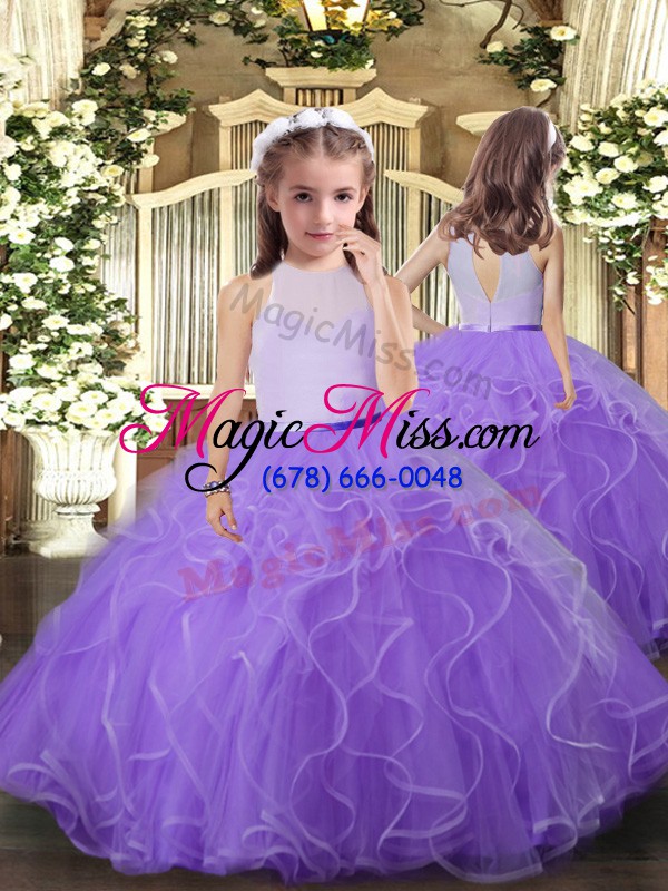 wholesale trendy sleeveless tulle floor length backless ball gown prom dress in lavender with ruffles