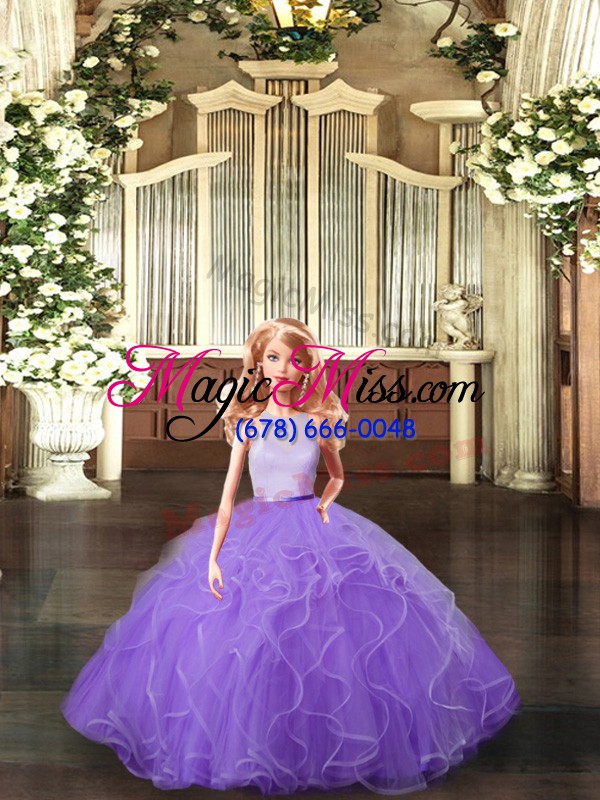 wholesale trendy sleeveless tulle floor length backless ball gown prom dress in lavender with ruffles