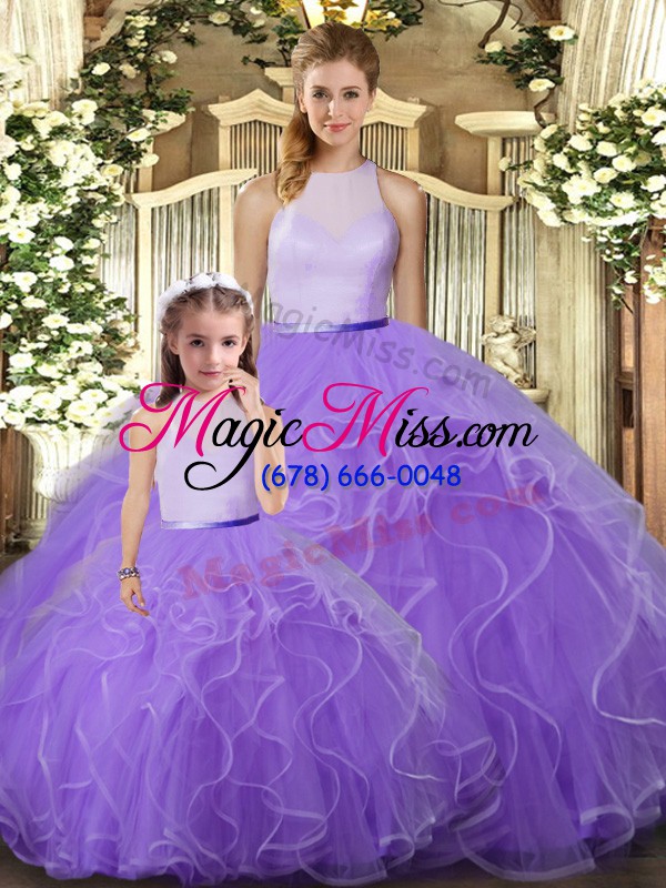 wholesale trendy sleeveless tulle floor length backless ball gown prom dress in lavender with ruffles