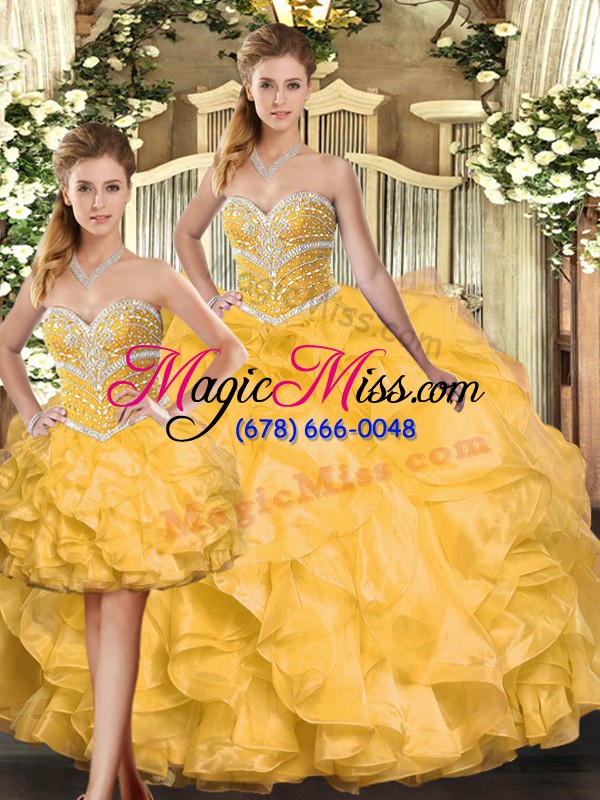 wholesale sweetheart sleeveless lace up quinceanera dresses gold organza