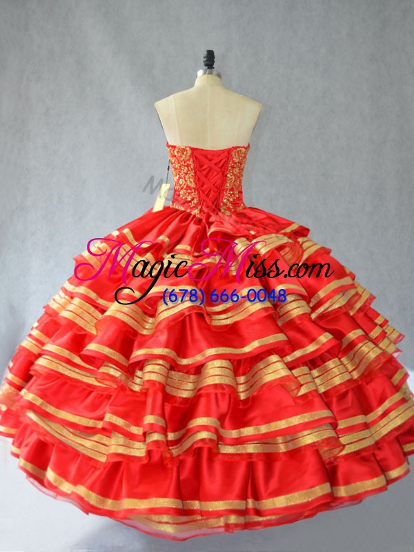 wholesale red satin and organza lace up sweetheart sleeveless floor length quinceanera dresses embroidery and ruffled layers