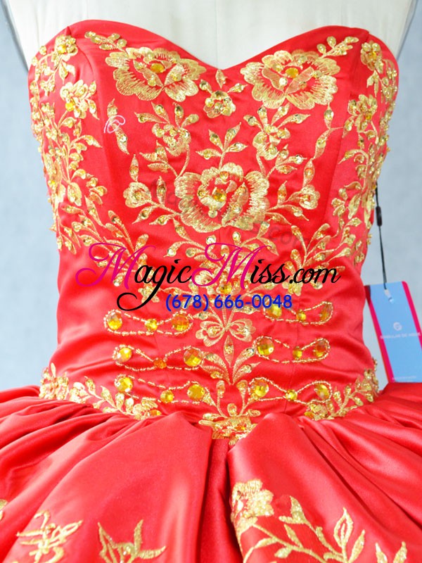 wholesale red satin and organza lace up sweetheart sleeveless floor length quinceanera dresses embroidery and ruffled layers