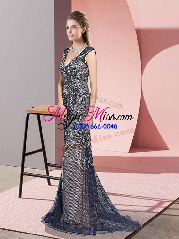 wholesale great navy blue tulle zipper v-neck sleeveless juniors evening dress sweep train beading