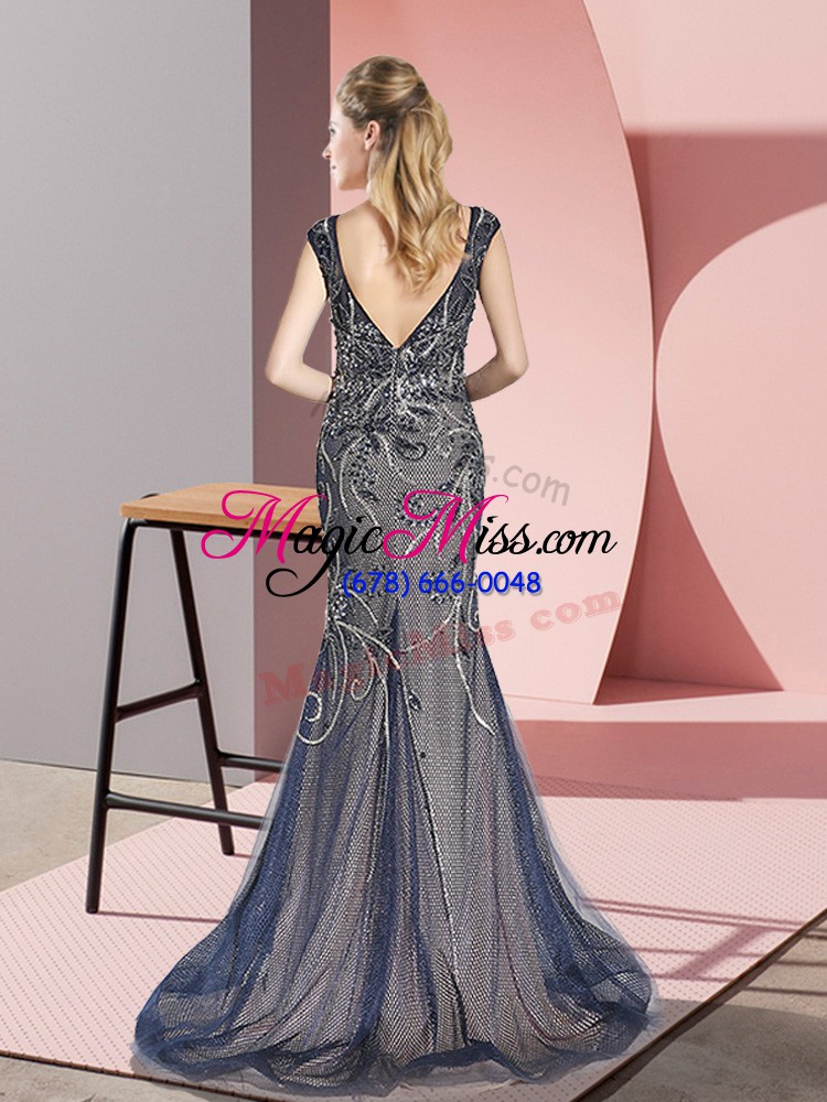 wholesale great navy blue tulle zipper v-neck sleeveless juniors evening dress sweep train beading