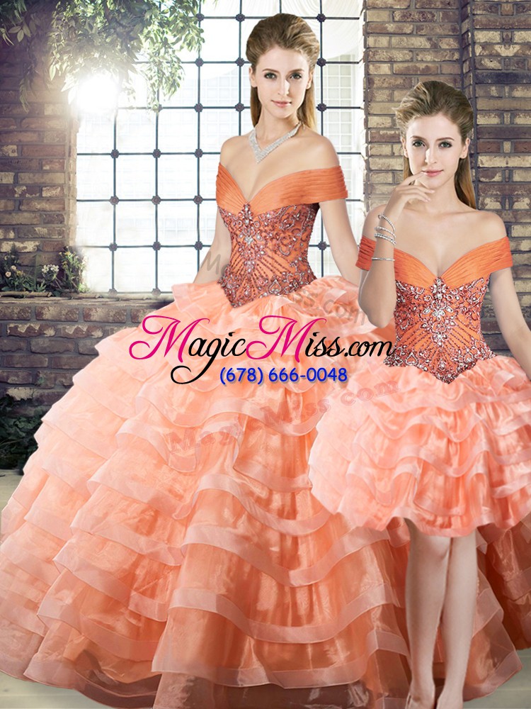 wholesale deluxe peach three pieces off the shoulder sleeveless organza brush train lace up beading and ruffled layers quince ball gowns